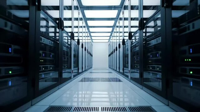 Modern Server Room in Data Center with Blue LED Lighting and Reflections