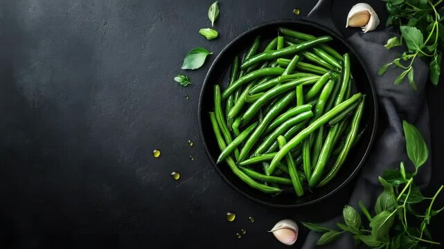 Fresh green beans in skillet with herbs and garlic on dark background