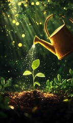 Watering Young Sprout from Rustic Metal Can, Sunlight, Small Leaves, Dark Soil