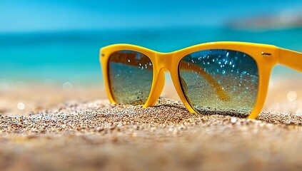 Close-up of yellow sunglasses on the sand with a blurred blue sea in the background. Summer