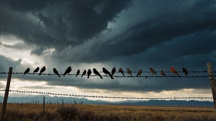 Naklejka premium birds on the wire, Generative Ai