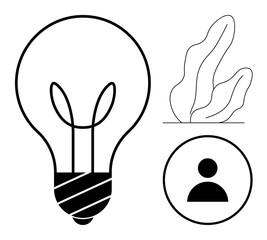 Large lightbulb with plant and user icon for creativity, innovation, teamwork, user interaction, ideas, eco-focus, branding. Ideal for brainstorming, identity design simple landing page