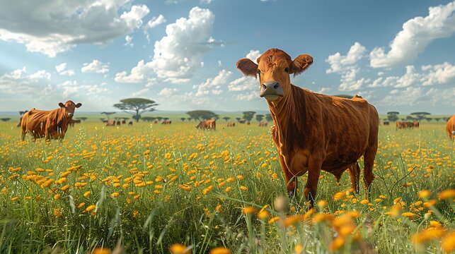 Tuli cow standing grass yellow flower field high resolution photos