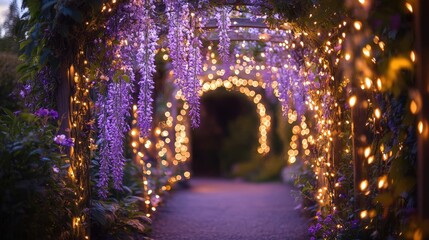 Magical Pathway with Wisteria and Twinkling Lights in a Garden Paradise at Night