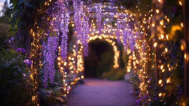 Magical Pathway with Wisteria and Twinkling Lights in a Garden Paradise at Night