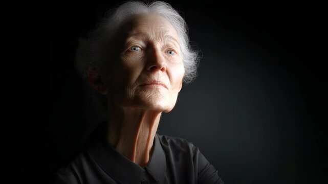 Elegant elderly woman with gray hair gazing upward in thoughtful pose against dark background in portrait style shot.