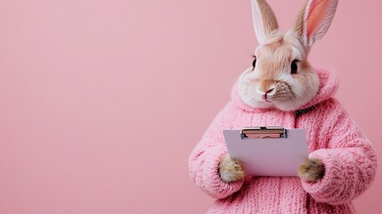 A cheerful rabbit in a pink coat holds a clipboard, set against a soft pink background with playful energy.