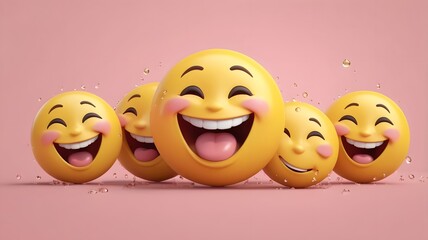 Happy laughing emoji faces, pink background, 3D render, joyful, cheerful, smiling, fun, cartoon.