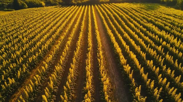Aerial view of golden sorghum field at sunset