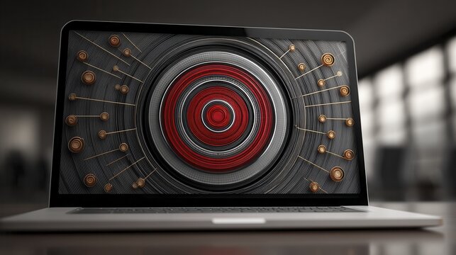 Red glowing cybersecurity visuals on laptop screen, wide angle view on desk - error safeguarding wide