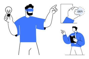 Man wearing VR headset holding bulb, pointing at defi concept. Manager with clipboard instructing. Ideal for technology, innovation, decentralization, virtual reality, finance, teamwork creativity