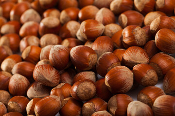 Unpeeled hazelnut on white surface closeup. High quality photo