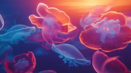 Fototapeta premium A mesmerizing underwater scene featuring colorful jellyfish glowing in vibrant hues near the ocean surface at sunset.