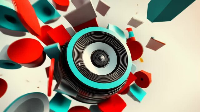 Cinematic 3D Music Speaker Explosion Abstract Illustration with Colorful Patterns and Motion Design
