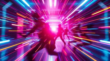 Futuristic neon tunnel with blurred figures running through vibrant, colorful lights.  A dynamic and energetic scene, perfect for backgrounds, motion graphics and more.
