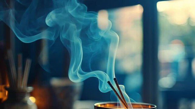 Relaxing aromatherapy, Close-up of incense sticks burning and smoke wafting in meditation space