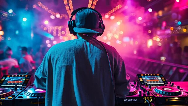 Energetic DJ Performance, Captivating Crowd with Vibrant Music and Light Display