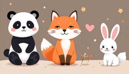 Obraz premium Adorable Animal Trio: A charming illustration showcases a panda bear, a sly fox, and a fluffy bunny. These characters are the embodiment of a charming, kid-friendly design aesthetic. 