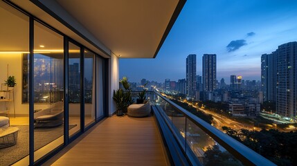 Modern balcony overlooking a cityscape at twilight.