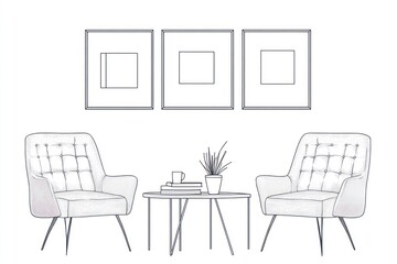 Fototapeta premium A minimalist, sketched drawing of a cozy seating area. Three framed prints are above a small table with two armchairs, and a small plant. The style is modern and inviting