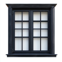 A black wooden window is isolated against a white background, showcasing its elegant frame and design.