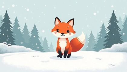 Winter Wonderland Fox: A charming illustration of a red fox with big eyes and a fluffy tail, standing on a snowy landscape with a backdrop of pine trees.