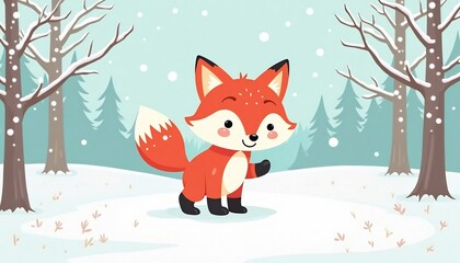 Winter Fox's Greeting: A cheerful fox with vibrant red fur and a fluffy tail joyfully waving hello amidst a snowy forest, evoking a sense of warmth and playfulness in the winter wonderland.