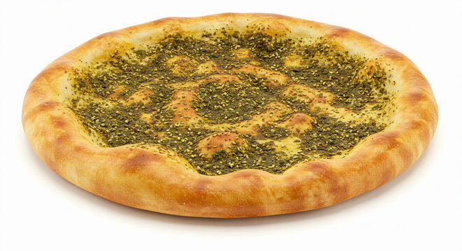 Lebanese man&rsquo;oushe flatbread with za&rsquo;atar topping, rustic look, isolated on white background.