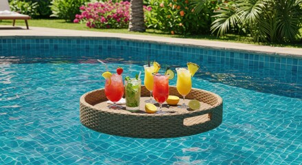 Round woven tray with colorful beverages floating on a swimming pool with a tiled deck and tropical garden