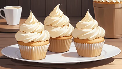Anime Style Cupcakes with Vanilla Frosting on White Plate with Cup of White Coffee Illustration Art Japanese Manga Chibi Cute Animation