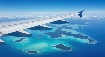 Naklejka premium Aerial view of an archipelago with airplane wing in the foreground
