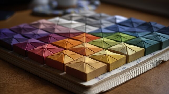 Brightly colored blocks in a rectangular border - rainbow kid's wooden abstract blocks
