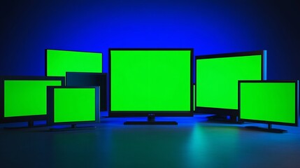 Fototapeta premium Arrangement of Flat-Screen Televisions with Green Screens