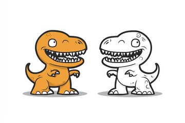 Fototapeta premium Two cartoon dinosaurs, one orange and one black and white, are depicted in a friendly