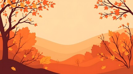 Autumn landscape with orange trees and hills, vector illustration.