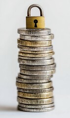 Padlock on a Stack of Coins Financial Security Stacked Coins on White