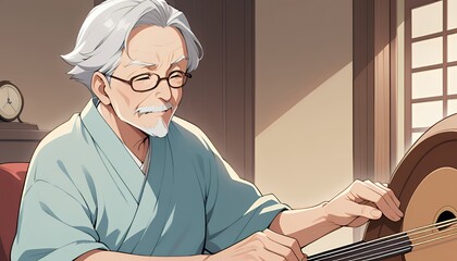 Anime Illustration of Senior Man Playing Stringed Instrument with White Hair and Glasses in Warm Lit Room with Window Clock and Neutral Tone Wall, Home Leisure