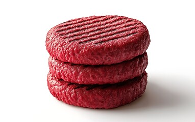 Stacked Red Burger Patties with Grill Marks on White Surface Close Up