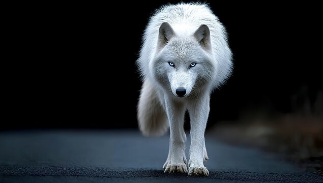 white wolf with blue eyes walking on the road, dark background, full body portrait, national