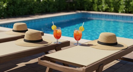 Obraz premium Three beige lounge chairs with straw hats and orange beverages beside a rectangular swimming pool