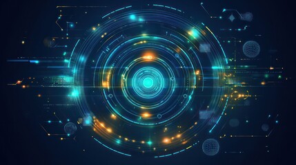 Obraz premium Abstract digital art depicting concentric glowing circles and data streams in vibrant blue, orange, and teal hues