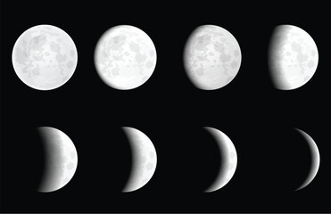 Moon eclipse, different phases, realistic moonlight in stages from full moon to thin moon