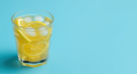 Glass of lemonade with ice and lemon slices on a blue background