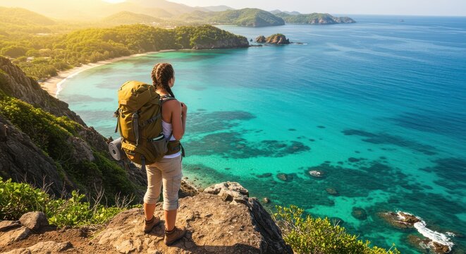 Female hiker with yellow backpack on rocky outcrop overlooking tropical beach at sunrise or sunset