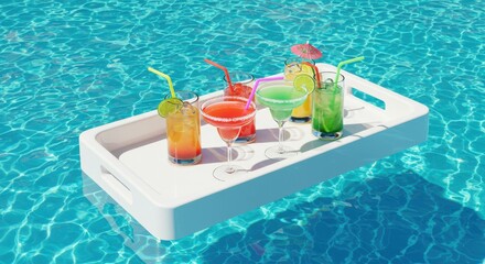 White tray with five colorful cocktails floating in a swimming pool