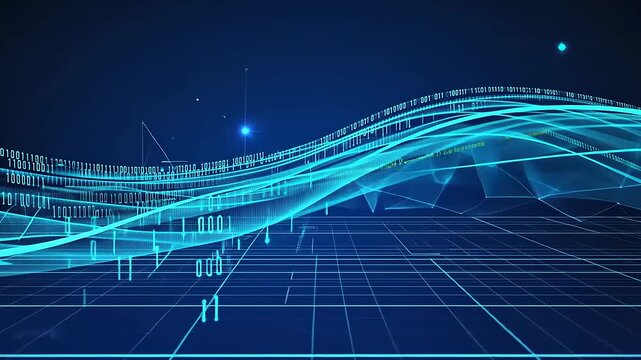 Abstract digital wave pattern with binary code and grid lines, representing technology and data flow