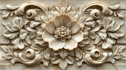 An intricately carved floral motif in beige hues, featuring elegant swirls and a central flower design.