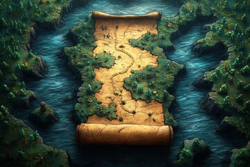 Island map scroll, adventure game background