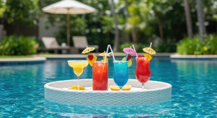 Obraz premium Four colorful cocktails on a floating tray in a blue swimming pool with lounge chairs and a garden in the background