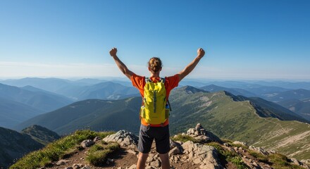 Hiker standing triumphantly on top of a rugged mountain peak with arms raised